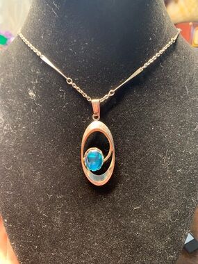 Blue Glass Cabochon Silver-Tone Oval Pendant Necklace
